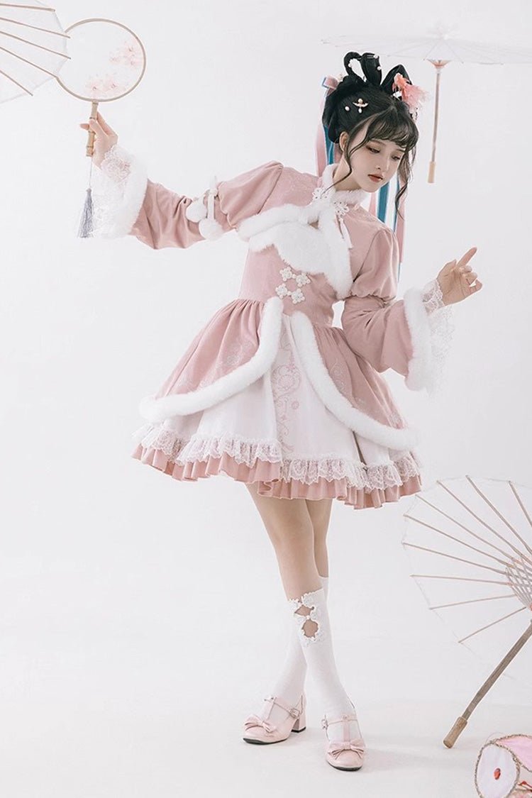Sweet Lolita JSK - White/pink, 2 Colors, Ruffled, Chinese-Inspired Style - additional product view 3