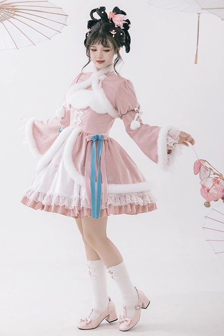Sweet Lolita JSK - White/pink, 2 Colors, Ruffled, Chinese-Inspired Style - additional product view 4