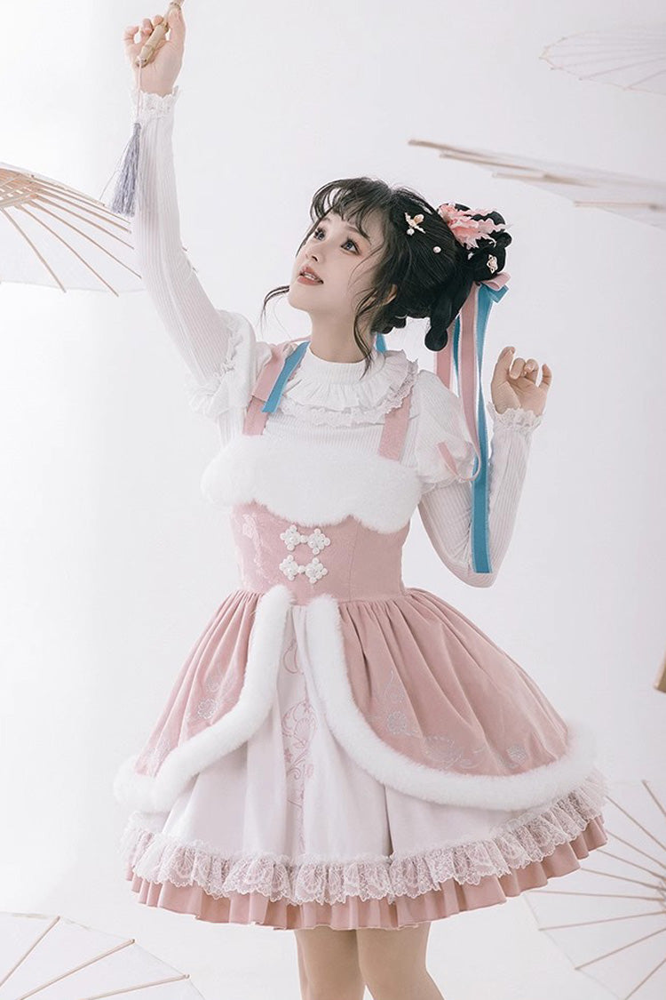 Sweet Lolita JSK - White/pink, 2 Colors, Ruffled, Chinese-Inspired Style - additional product view 5