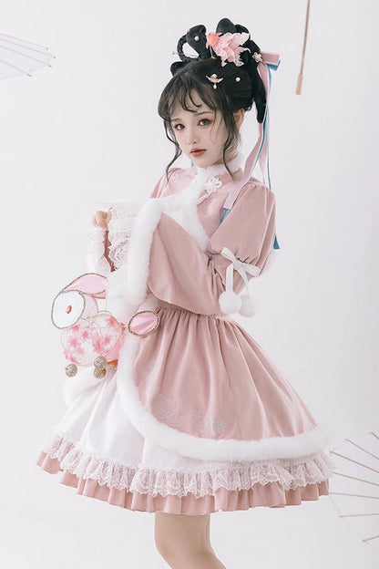 Sweet Lolita JSK - White/pink, 2 Colors, Ruffled, Chinese-Inspired Style - additional product view 8