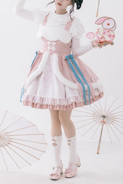 Sweet Lolita JSK - White/pink, 2 Colors, Ruffled, Chinese-Inspired Style - main product image