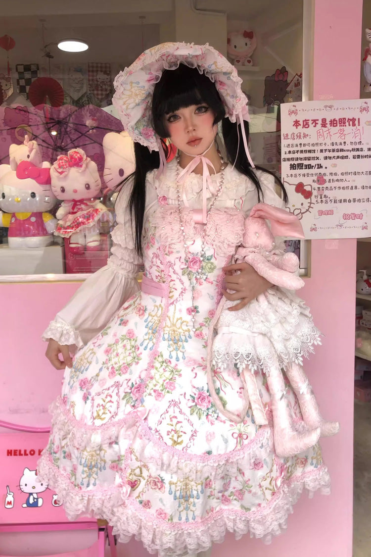 Sweet Lolita JSK - White/pink, 2 Colors, Ruffled, Printed, Bow Detail - additional product view 2
