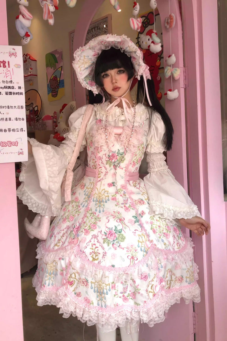 Sweet Lolita JSK - White/pink, 2 Colors, Ruffled, Printed, Bow Detail - additional product view 3