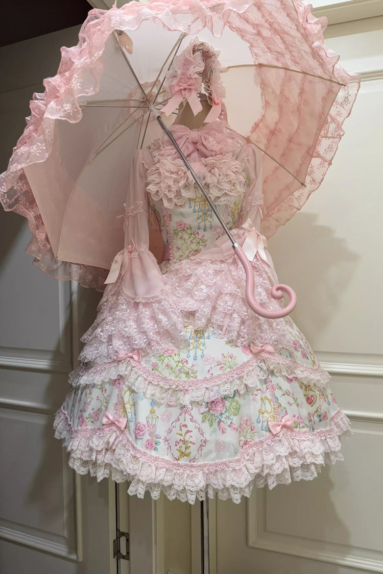 Sweet Lolita JSK - White/pink, 2 Colors, Ruffled, Printed, Bow Detail - additional product view 4