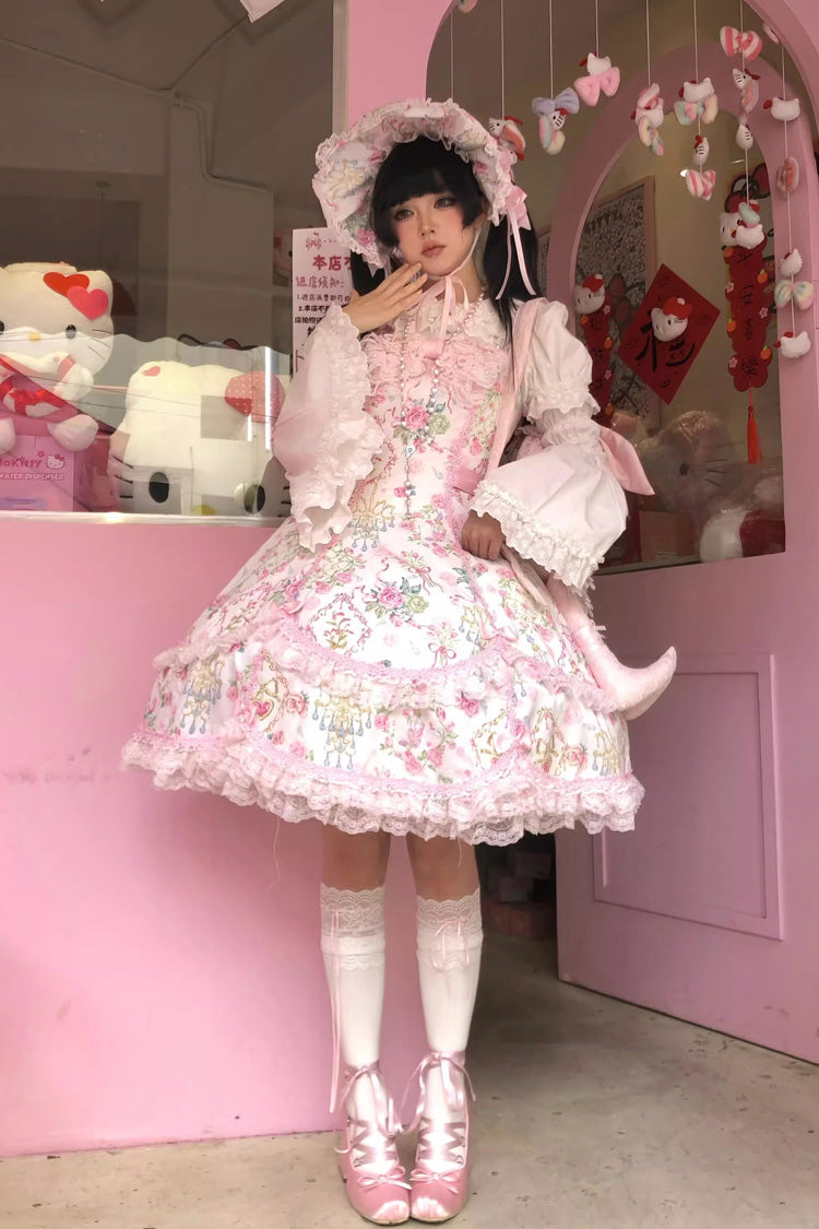 Sweet Lolita JSK - White/pink, 2 Colors, Ruffled, Printed, Bow Detail - additional product view 5