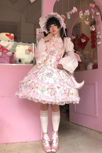 Sweet Lolita JSK - White/pink, 2 Colors, Ruffled, Printed, Bow Detail - additional product view 5