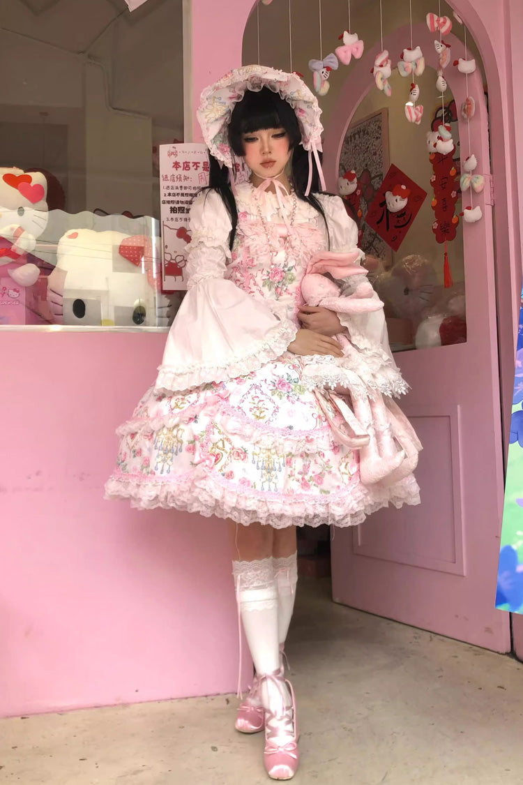 Sweet Lolita JSK - White/pink, 2 Colors, Ruffled, Printed, Bow Detail - additional product view 6