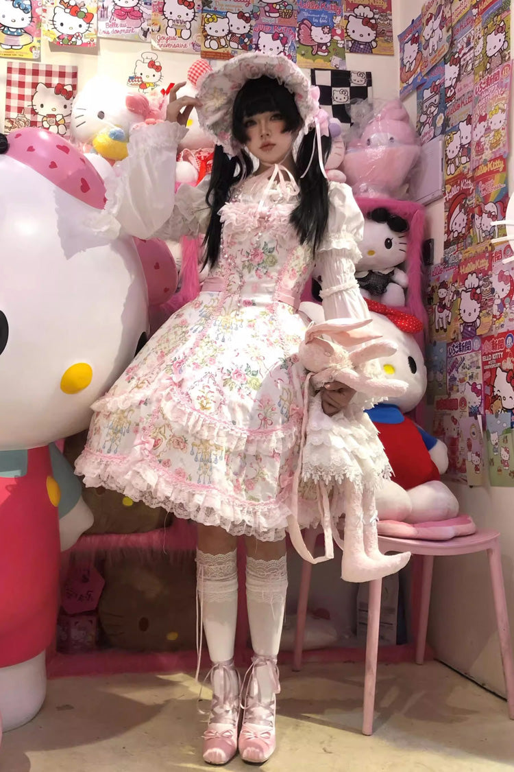 Sweet Lolita JSK - White/pink, 2 Colors, Ruffled, Printed, Bow Detail - additional product view 7