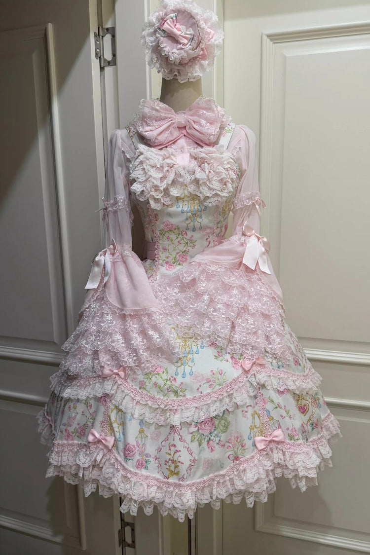 Sweet Lolita JSK - White/pink, 2 Colors, Ruffled, Printed, Bow Detail - additional product view 8