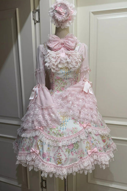 Sweet Lolita JSK - White/pink, 2 Colors, Ruffled, Printed, Bow Detail - additional product view 8