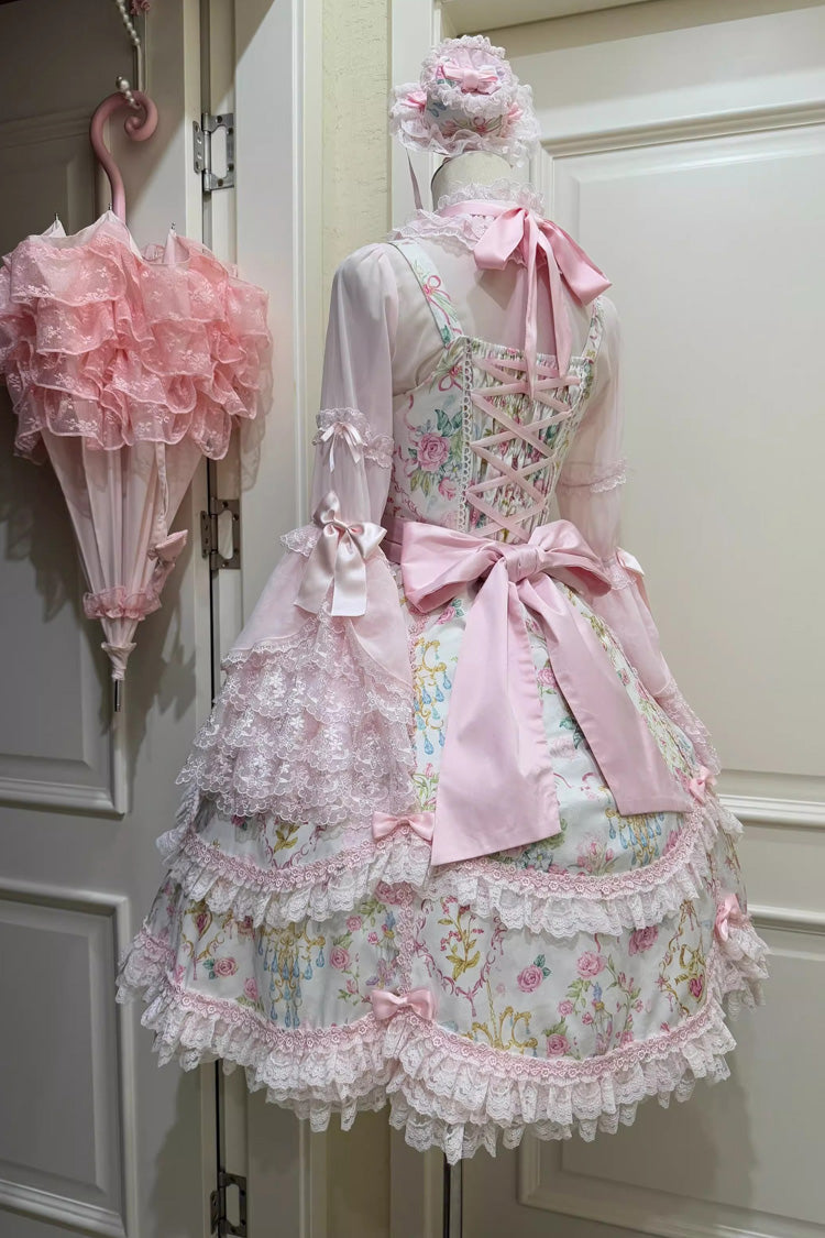 Sweet Lolita JSK - White/pink, 2 Colors, Ruffled, Printed, Bow Detail - additional product view 9