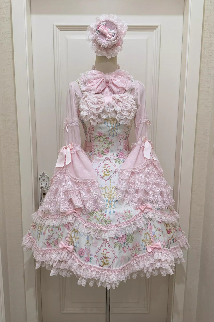 Sweet Lolita JSK - White/pink, 2 Colors, Ruffled, Printed, Bow Detail - additional product view 10