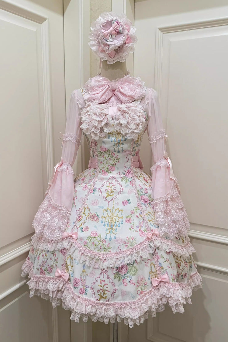Sweet Lolita JSK - White/pink, 2 Colors, Ruffled, Printed, Bow Detail - additional product view 11