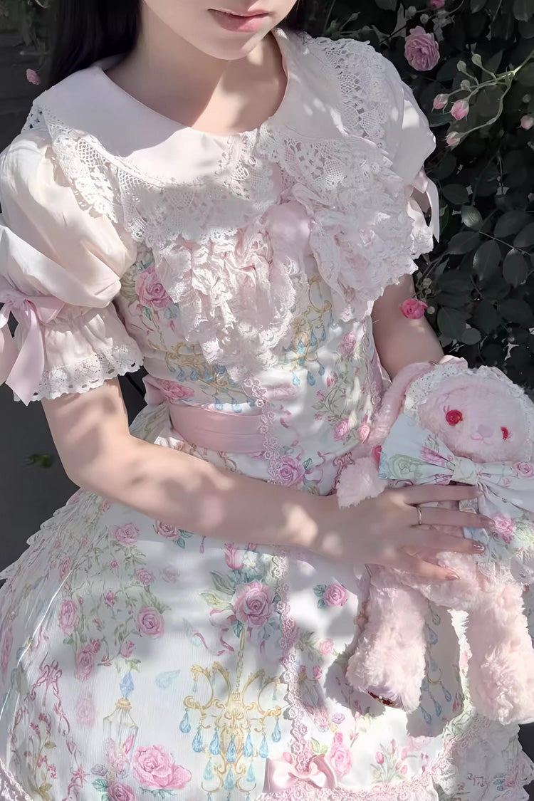 Sweet Lolita JSK - White/pink, 2 Colors, Ruffled, Printed, Bow Detail - additional product view 12