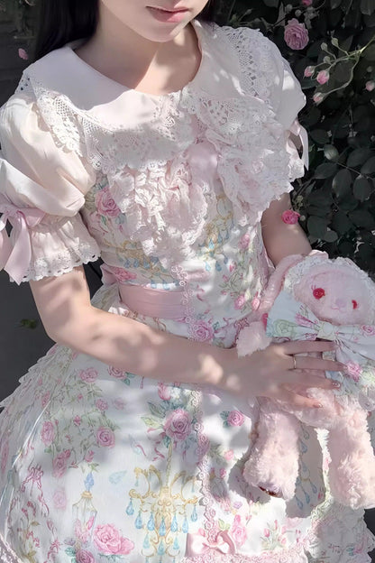 Sweet Lolita JSK - White/pink, 2 Colors, Ruffled, Printed, Bow Detail - additional product view 12