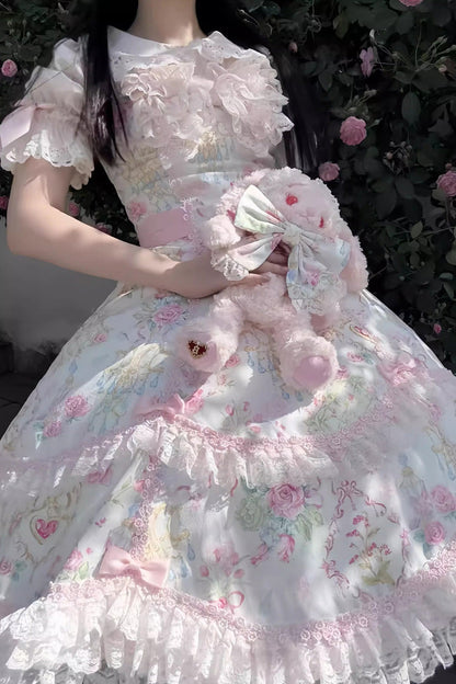 Sweet Lolita JSK - White/pink, 2 Colors, Ruffled, Printed, Bow Detail - additional product view 13