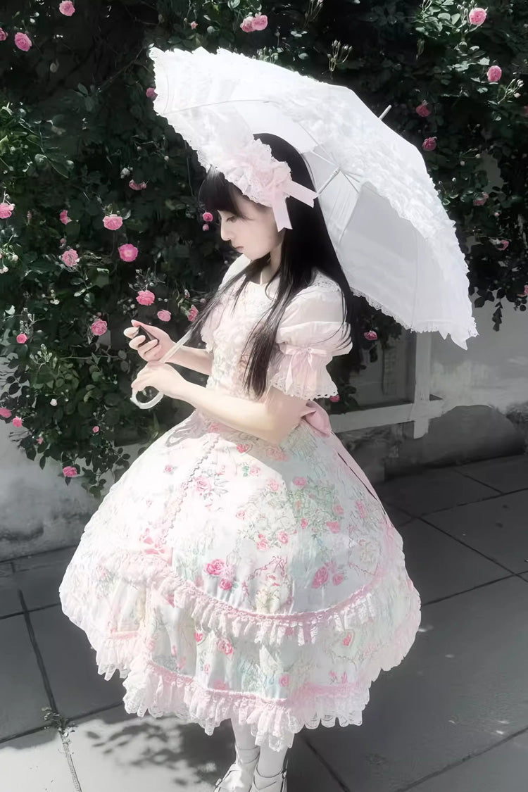Sweet Lolita JSK - White/pink, 2 Colors, Ruffled, Printed, Bow Detail - additional product view 14