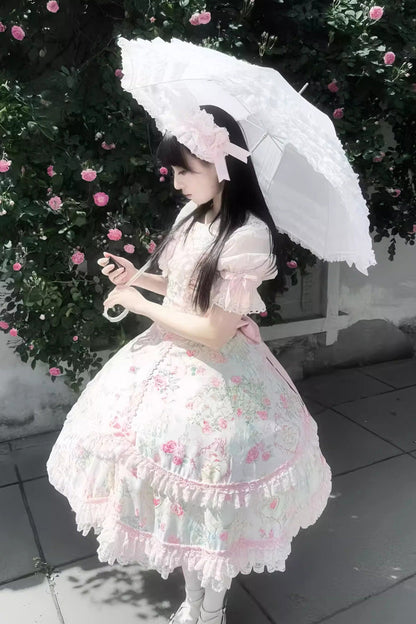Sweet Lolita JSK - White/pink, 2 Colors, Ruffled, Printed, Bow Detail - additional product view 14