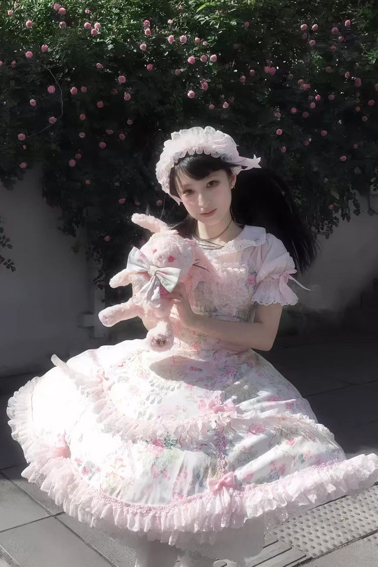 Sweet Lolita JSK - White/pink, 2 Colors, Ruffled, Printed, Bow Detail - additional product view 15