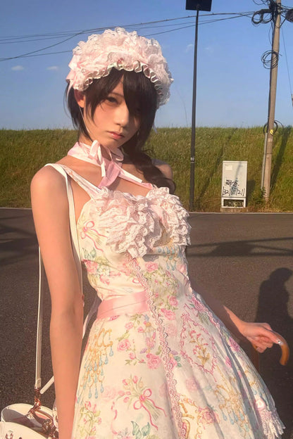 Sweet Lolita JSK - White/pink, 2 Colors, Ruffled, Printed, Bow Detail - additional product view 16