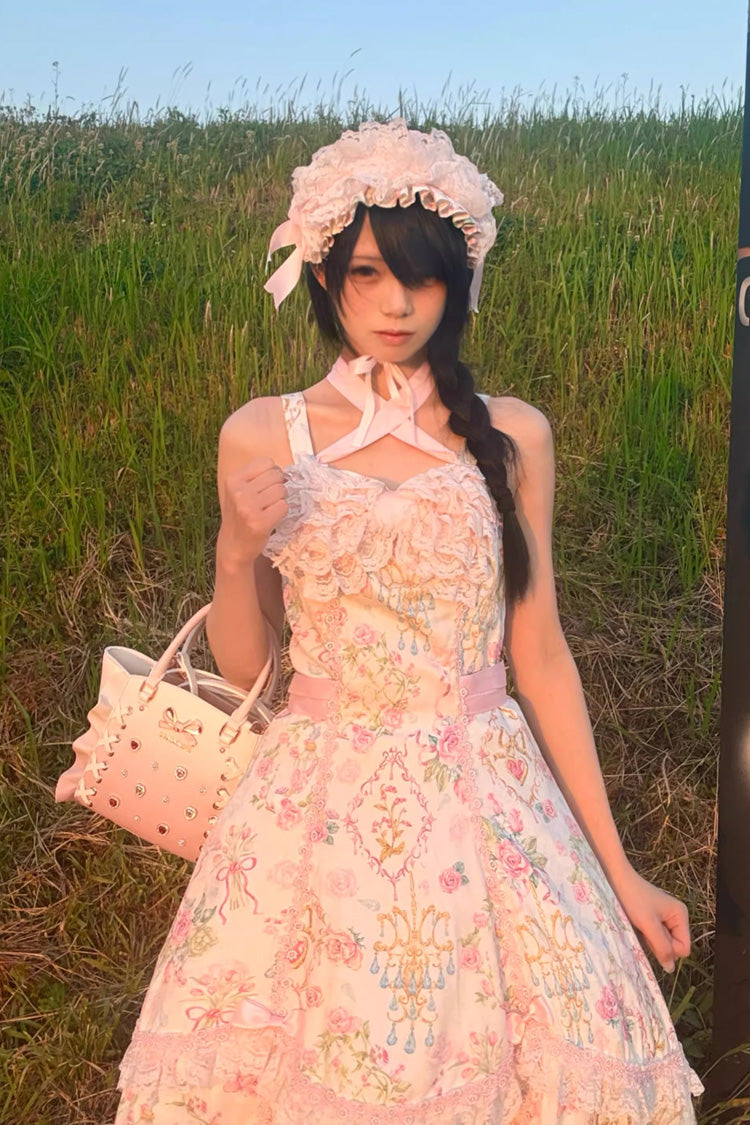 Sweet Lolita JSK - White/pink, 2 Colors, Ruffled, Printed, Bow Detail - additional product view 17