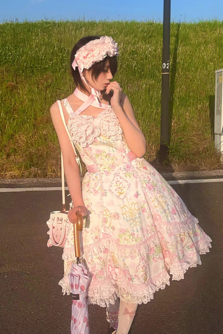 Sweet Lolita JSK - White/pink, 2 Colors, Ruffled, Printed, Bow Detail - additional product view 18