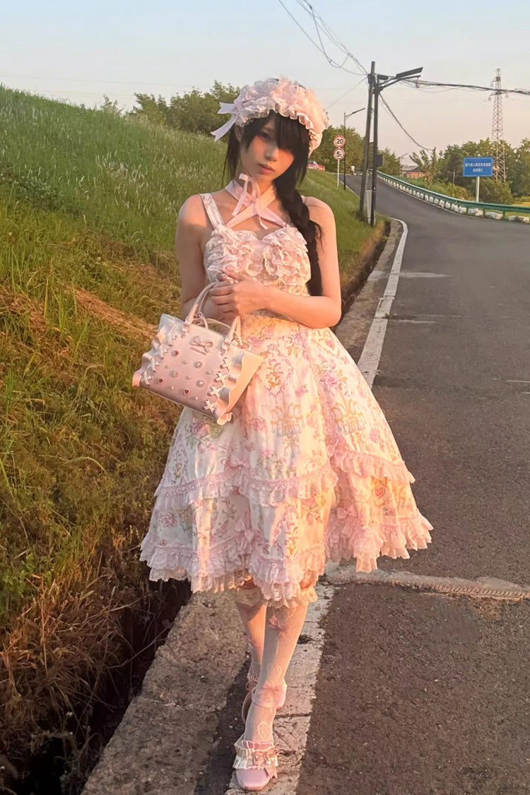 Sweet Lolita JSK - White/pink, 2 Colors, Ruffled, Printed, Bow Detail - additional product view 19