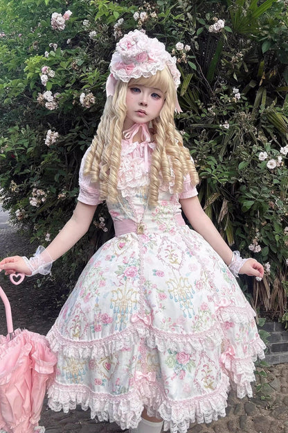 Sweet Lolita JSK - White/pink, 2 Colors, Ruffled, Printed, Bow Detail - additional product view 20