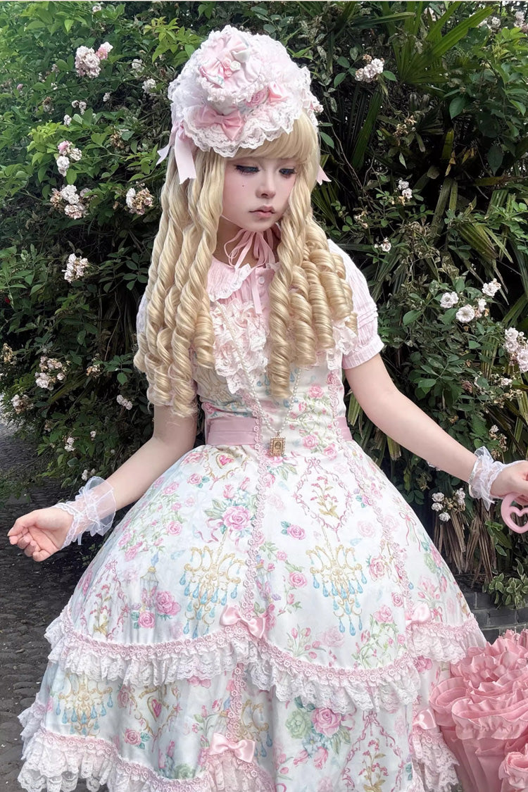 Sweet Lolita JSK - White/pink, 2 Colors, Ruffled, Printed, Bow Detail - additional product view 21