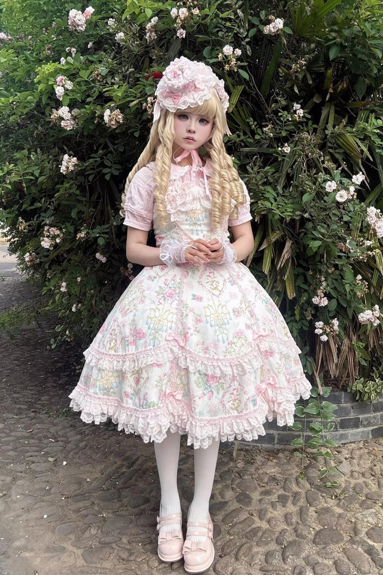 Sweet Lolita JSK - White/pink, 2 Colors, Ruffled, Printed, Bow Detail - additional product view 22