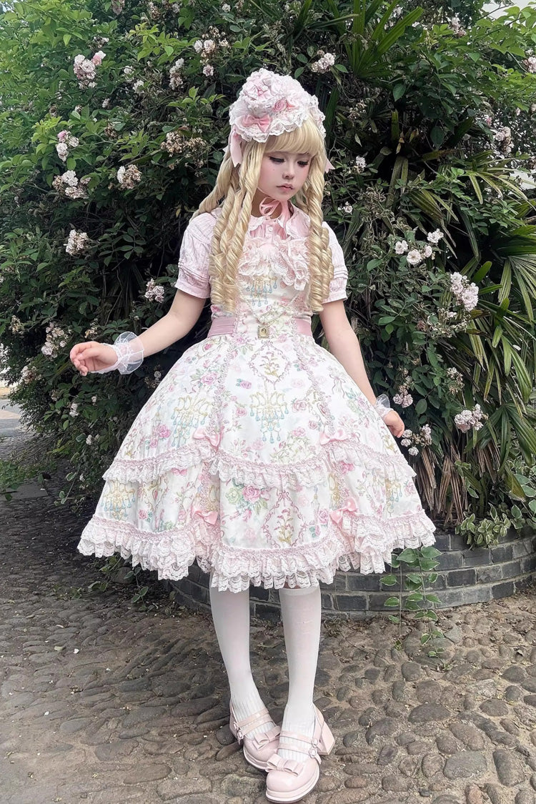 Sweet Lolita JSK - White/pink, 2 Colors, Ruffled, Printed, Bow Detail - additional product view 23