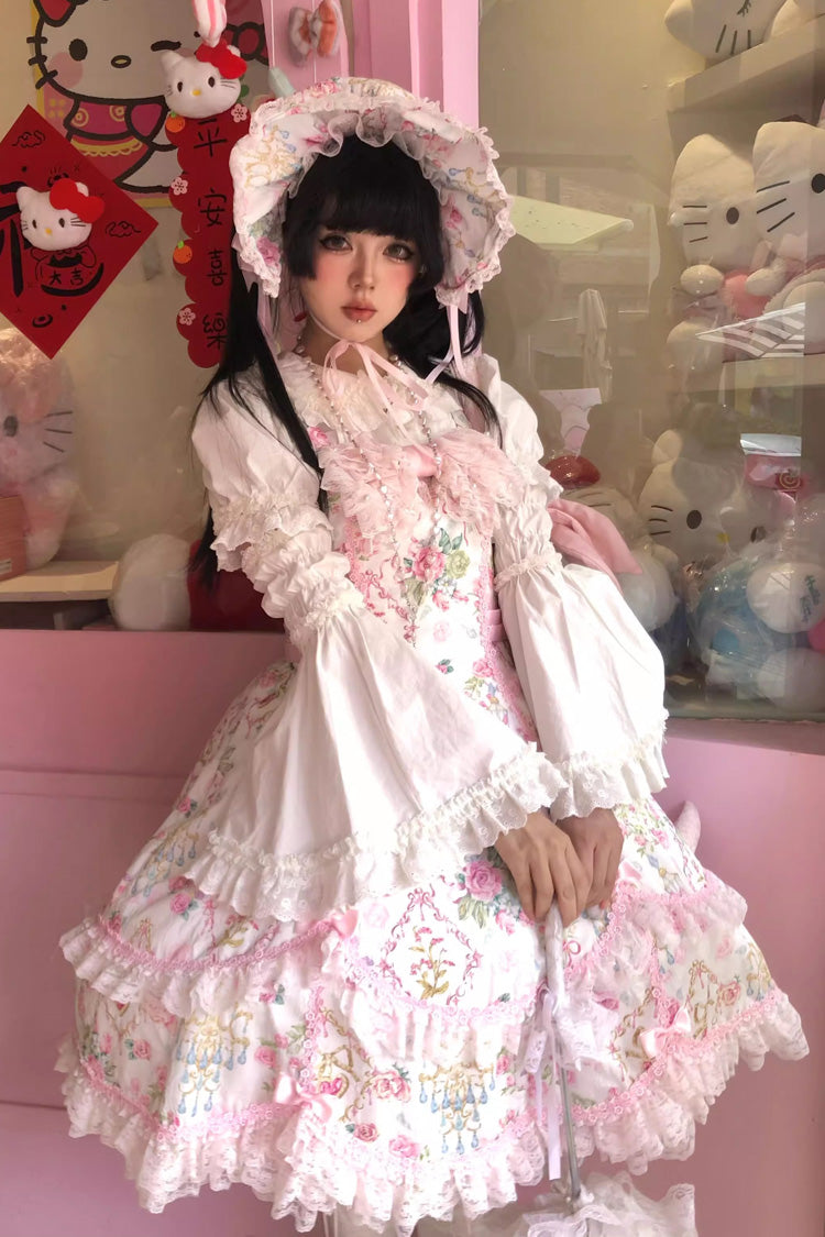Sweet Lolita JSK - White/pink, 2 Colors, Ruffled, Printed, Bow Detail - main product image
