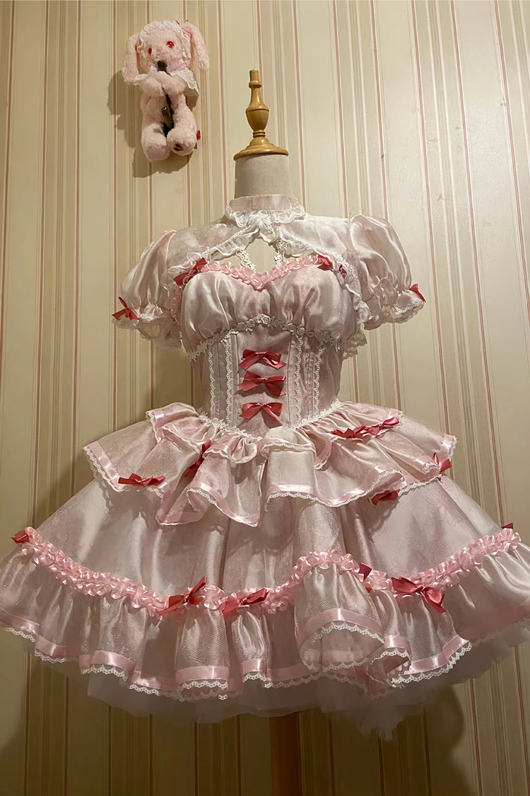 Sweet Lolita JSK - White/pink Multi-layer, 2 Colors, Bow Detail, Ruffled - additional product view 3