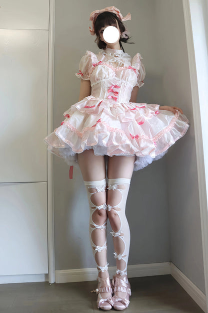 Sweet Lolita JSK - White/pink Multi-layer, 2 Colors, Bow Detail, Ruffled - additional product view 4