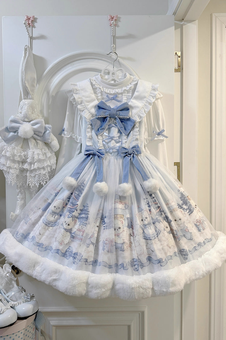 Sweet Lolita JSK - Winter Fluffy Bea, White, Bow Detail, Printed - main product image