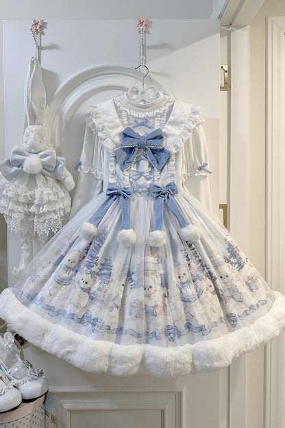 Sweet Lolita JSK - Winter Fluffy Bea, White, Bow Detail, Printed - main product image