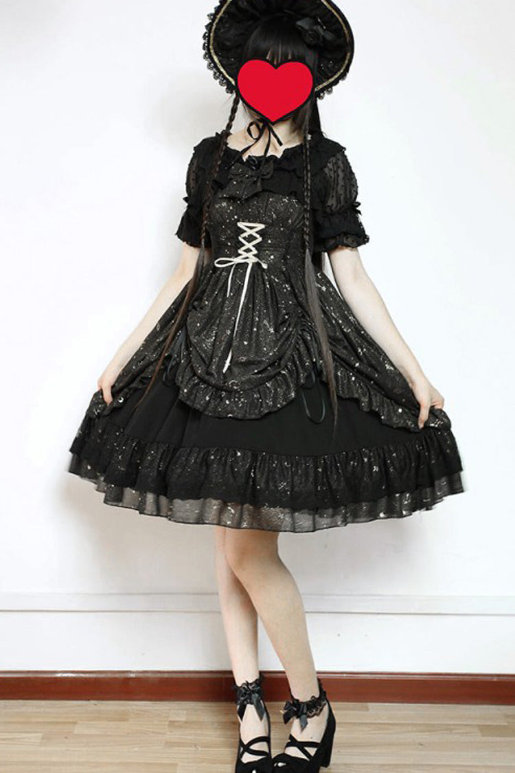 Sweet Lolita JSK - Wishing Stars, 2 Colors, Ruffled, Layered, Lace-Up - additional product view 3
