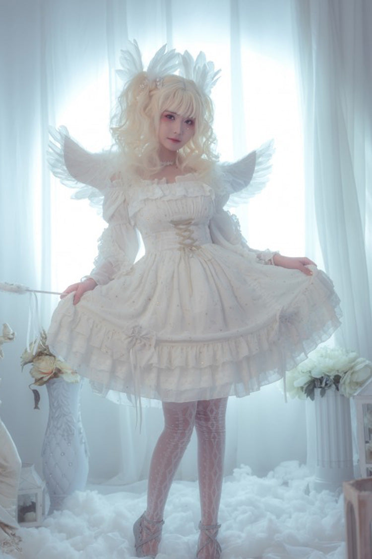 Sweet Lolita JSK - Wishing Stars, 2 Colors, Ruffled, Layered, Lace-Up - additional product view 4