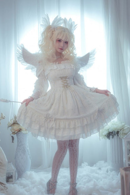 Sweet Lolita JSK - Wishing Stars, 2 Colors, Ruffled, Layered, Lace-Up - additional product view 4