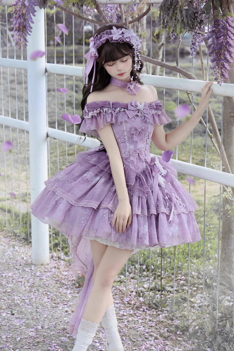 Sweet Lolita JSK - Wisteria Wonderland, Purple, Bow Detail, Lace Trim, Layered - additional product view 2
