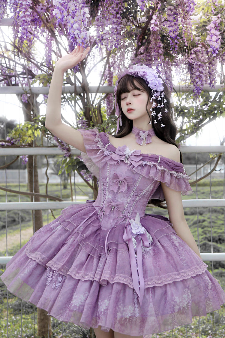 Sweet Lolita JSK - Wisteria Wonderland, Purple, Bow Detail, Lace Trim, Layered - additional product view 3