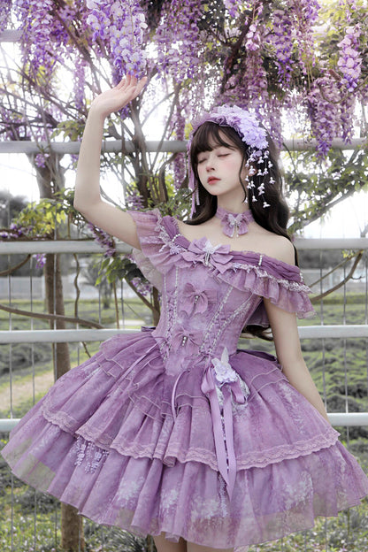 Sweet Lolita JSK - Wisteria Wonderland, Purple, Bow Detail, Lace Trim, Layered - additional product view 3