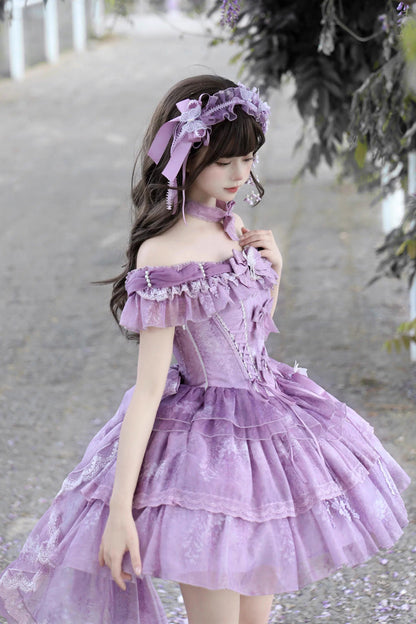 Sweet Lolita JSK - Wisteria Wonderland, Purple, Bow Detail, Lace Trim, Layered - additional product view 4