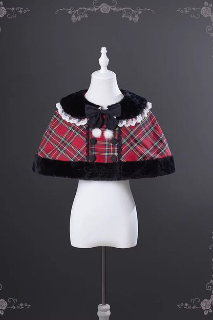 Sweet Lolita JSK - Witch Gargamel, Red, Square Collar, Plaid, Bow Detail - S Cape / M Cape / L Cape option