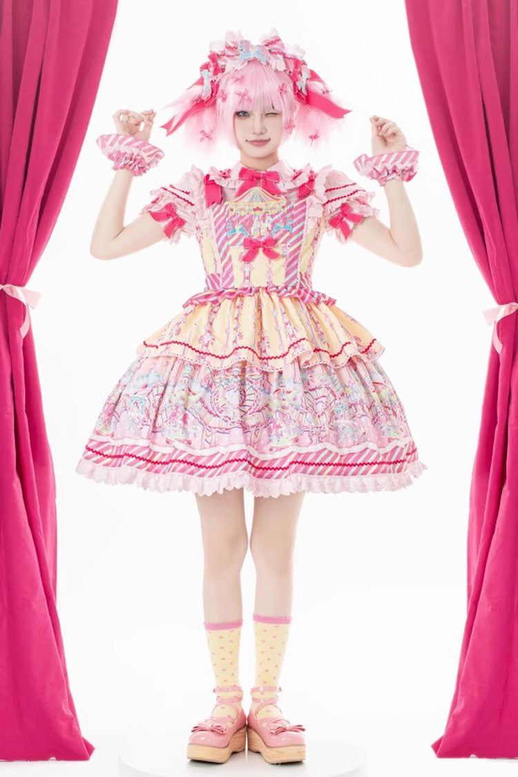 Sweet Lolita JSK - Yellow/pink Candy Park Print, 2 Colors, Ruffled, Printed, Bow Detail - additional product view 2