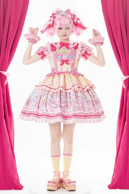 Sweet Lolita JSK - Yellow/pink Candy Park Print, 2 Colors, Ruffled, Printed, Bow Detail - additional product view 2