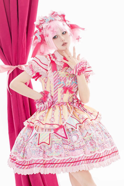 Sweet Lolita JSK - Yellow/pink Candy Park Print, 2 Colors, Ruffled, Printed, Bow Detail - additional product view 3