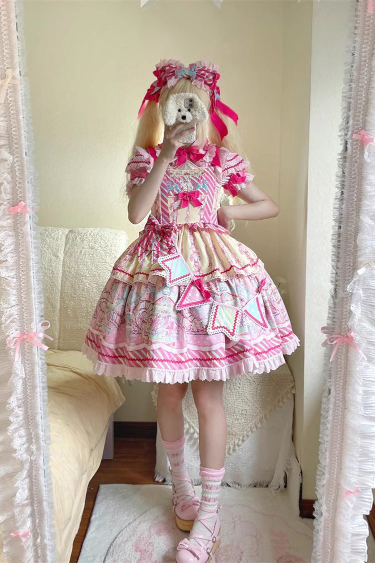 Sweet Lolita JSK - Yellow/pink Candy Park Print, 2 Colors, Ruffled, Printed, Bow Detail - additional product view 4
