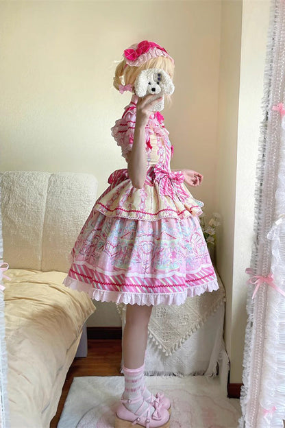 Sweet Lolita JSK - Yellow/pink Candy Park Print, 2 Colors, Ruffled, Printed, Bow Detail - additional product view 5