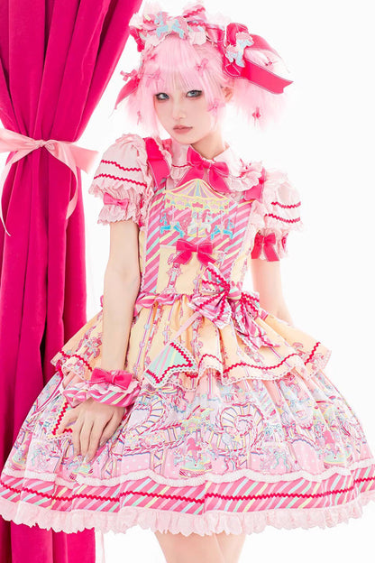 Sweet Lolita JSK - Yellow/pink Candy Park Print, 2 Colors, Ruffled, Printed, Bow Detail - main product image